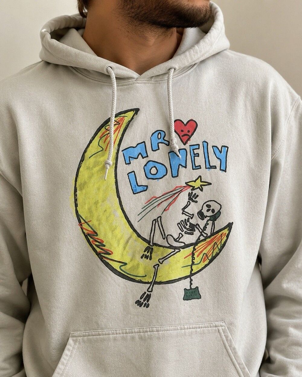 Lonely Ghost Mr Lonely Hoodie Unisex Beige Skeleton Moon Graphic Pullover XL